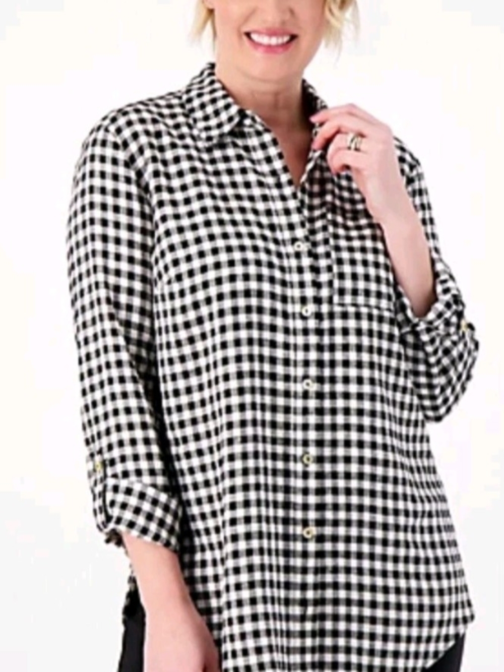 Susan Graver Pure Womens Linen Blend Black & White Gingham Button-Down Shirt XXS